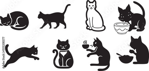 Fototapeta A collection of black and white cat silhouettes in various poses and activities on a white background