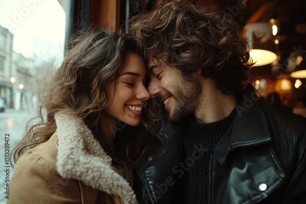 Fototapeta Loving european couple enjoying date in coffee shop, man and woman sitting, touching foreheads and smiling, side view