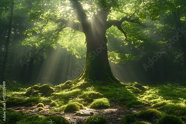 Obraz Sunlight streams through ancient forest