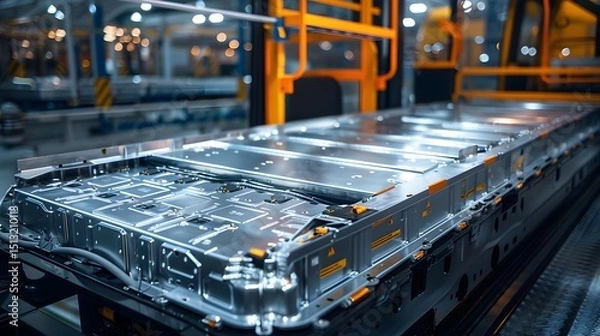 Fototapeta Close up view of lithium iron phosphate battery pack installed electric bus bright reflections from overhead factory lights enhancing the metallic texture cut out on isolated transparent background
