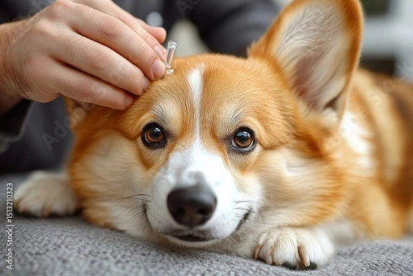 Fototapeta Cute pembroke welsh corgi dog getting injection with vaccine during appointment in veterinary clinic, man veterinarian in uniform making an injection to pet, free
