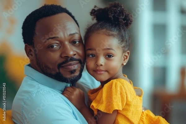 Fototapeta Unhappy black parents and little daughter sitting back to back not speaking after quarrel at home, sad kid hugging toy