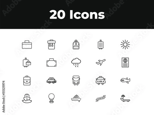 Obraz Holiday line icon set. Set of outline icons related to vacations, beaches, career bags, tourist transportation, tourism, travel and others. Vector illustration.