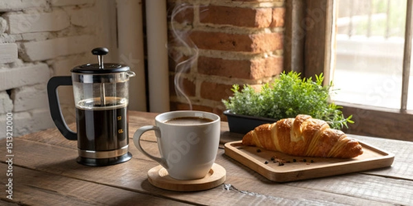 Obraz Coffee and croissant on rustic wooden table