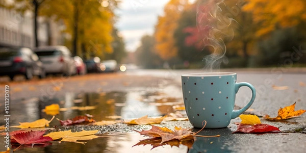 Obraz Autumn mug and leaves on wet street