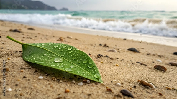 Obraz Green leaf with droplets on sandy beach
