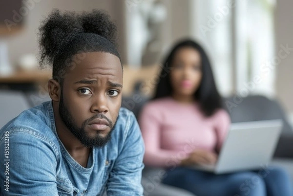 Fototapeta Loving black father teaching little daughter drawing while mother working on laptop on background, sitting on sofa at home
