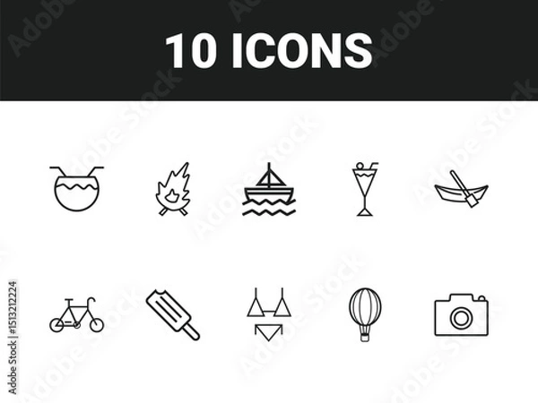 Obraz Holiday line icon set. Set of outline icons related to vacations, beaches, career bags, tourist transportation, tourism, travel and others. Vector illustration.