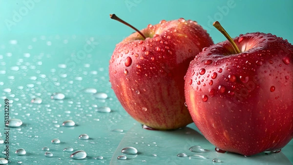 Obraz Red apples with water droplets and turquoise backdrop