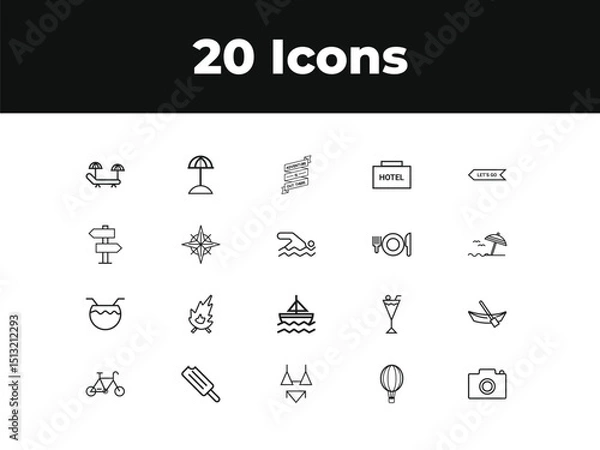 Obraz Holiday line icon set. Set of outline icons related to vacations, beaches, career bags, tourist transportation, tourism, travel and others. Vector illustration.