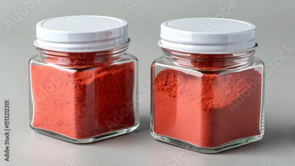Obraz Glass jars with red powder on gray surface