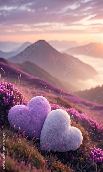 Obraz Heart shapes on flower bed with pastel mountains