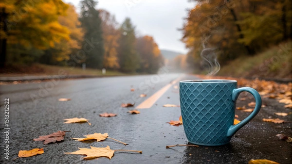 Obraz Blue mug on wet road with autumn leaves