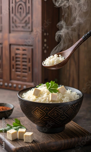 Obraz Rustic bowl of rice with tofu and herbs