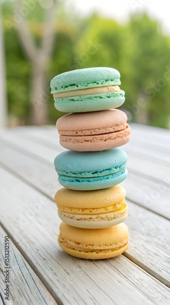 Obraz Stack of pastel macarons on wood surface