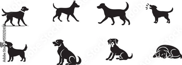 Fototapeta Various black dog silhouettes depicting different poses and actions on a white background in a vector format