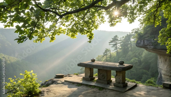 Obraz Stone altar with offerings in sunlit forest setting