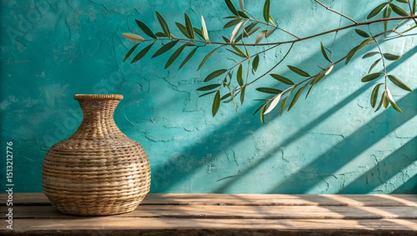 Obraz Rustic woven basket vase on wooden surface with teal wall