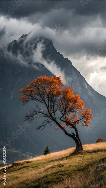 Obraz Solitary orange-leaved tree against misty mountain backdrop