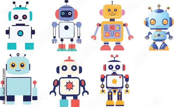 Fototapeta Various colorful cartoon robots standing in rows against a plain white background illustration style