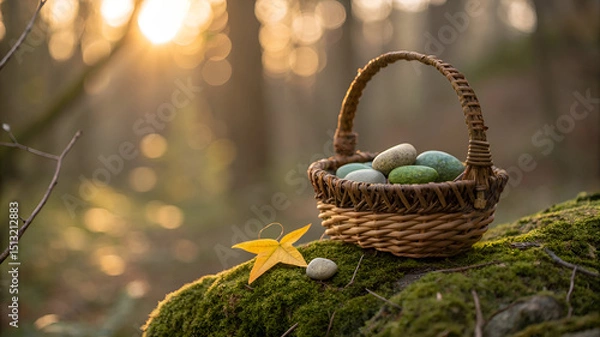 Obraz Woven basket with stones and yellow leaf on mossy rock