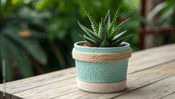 Obraz Succulent in teal pot on wooden surface with garden background