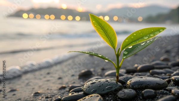 Obraz Green plant with yellow-edged leaves on wet pebbles by beach