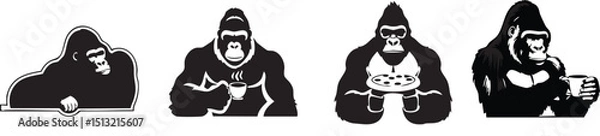 Fototapeta Four gorilla illustrations in black and white showing different activities on a white background