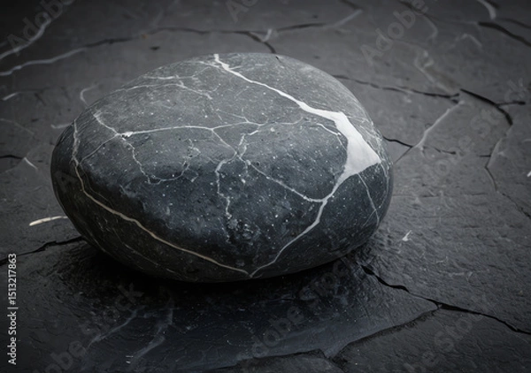 Fototapeta Isolated natural zen stone with white strokes on a rocky surface of an beach. High definition 4k photo with copy space