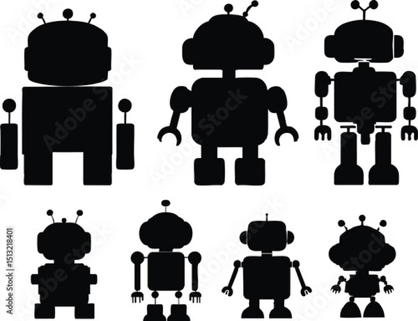 Fototapeta A collection of six black robot silhouettes on a white background in a graphic design style layout