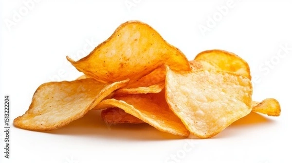 Fototapeta Crispy golden potato chips, a salty temptation perfect for snacking anytime, isolated against a pristine white background emphasizing their texture and color
