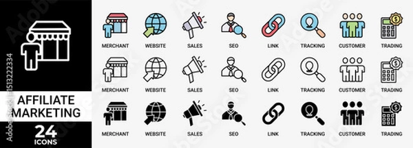 Fototapeta AFFILIATE MARKETING icon set with various styles and colors of trading, seo, tracking, customer, link, sales, website, merchant icon live stroke