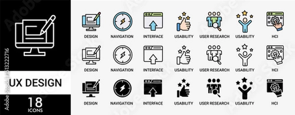 Fototapeta UX DESIGN icon set with various styles and colors of accessibility, usability, design, user research, hci, structuring, navigation, interface icon live stroke and easy to edit