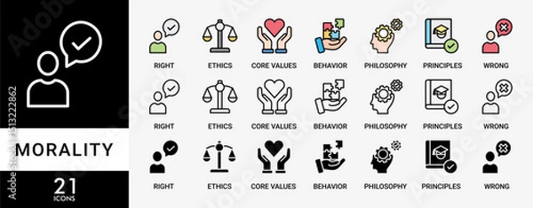 Obraz MORALITY icon set with various styles and colors of Right, ethics, wrong, behavior, philosophy, society, principles, core values. Business banner web vector infographic
