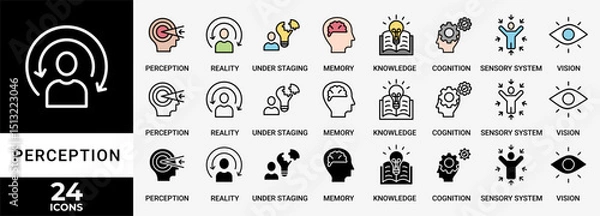 Fototapeta PERCEPTION icon set with various styles and colors of perception, reality, under staging, memory, knowledge, cognition, sensory system, vision