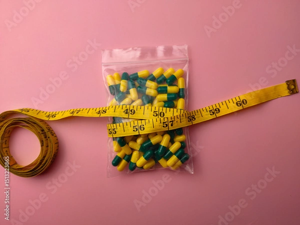 Fototapeta Top view of a medicine pill package with measuring tape on a pink background