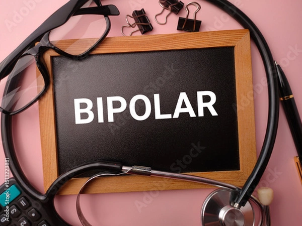 Fototapeta Wooden board and doctor's equipment with the word BIPOLAR on a pink background