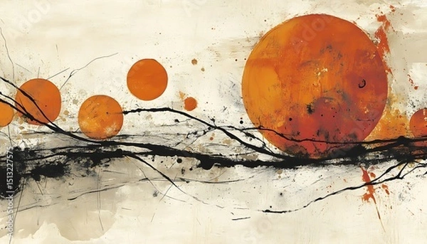 Obraz Abstract landscape with orange circles and black lines