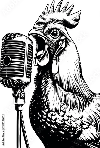 Obraz Rock star rooster shouting into microphone – funny vintage engraving vector