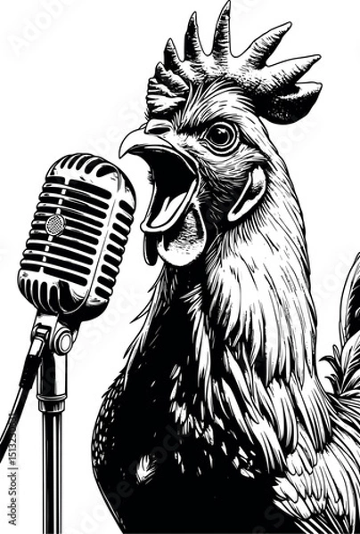 Obraz Rock star rooster shouting into microphone – funny vintage engraving vector