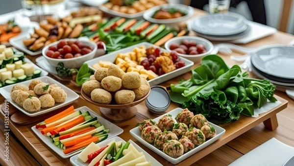 Obraz A delectable catered meal package.  Appetizers, vegetables, cheese rolls, and balls are all part of the healthy finger food range.  Delicious nibbles for lunch parties and buffets.  environmentally sa