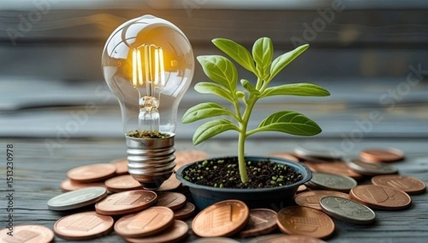 Obraz Growing a light bulb plant on pennies is an idea for a commercial venture.  Green sprout, economic expansion, cost reduction, environmentally friendly business model, sustainable growth, creativity, a