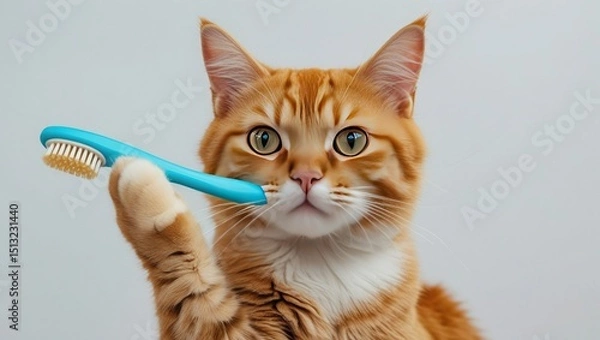 Obraz A close-up of an adorable ginger cat on a white background, holding a toothbrush.  Encourage the oral health of your pet.  Concepts for pet owners regarding tooth cleaning, animal care, and domestic c