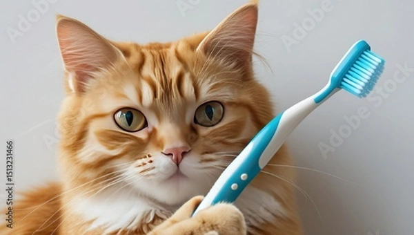 Obraz A close-up of an adorable ginger cat on a white background, holding a toothbrush.  Encourage the oral health of your pet.  Concepts for pet owners regarding tooth cleaning, animal care, and domestic c