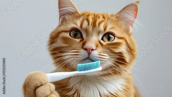 Obraz A close-up of an adorable ginger cat on a white background, holding a toothbrush.  Encourage the oral health of your pet.  Concepts for pet owners regarding tooth cleaning, animal care, and domestic c