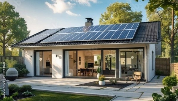 Obraz An eco-friendly, energy-efficient single-family home in Germany with solar panels on the roof.  Modern exterior design featuring a patio and a planted garden.  sustainable lifestyle,