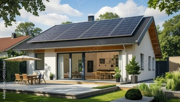 Obraz An eco-friendly, energy-efficient single-family home in Germany with solar panels on the roof.  Modern exterior design featuring a patio and a planted garden.  sustainable lifestyle,