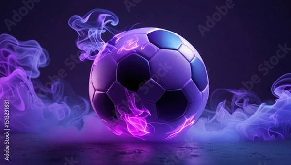 Obraz An depiction of a football ball in neon purple luminous smoke in three dimensions.  Modern sports theme, futuristic design, high degree of energy, advertising concept, and game promotion