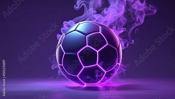 Obraz An depiction of a football ball in neon purple luminous smoke in three dimensions.  Modern sports theme, futuristic design, high degree of energy, advertising concept, and game promotion