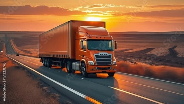 Obraz At sunset, a big orange truck travels down the highway.  highway-based road transportation.  Sunsets are warm and vibrant.  The truck is moving quickly.  Landscape background dry, flat.  Logistics, in
